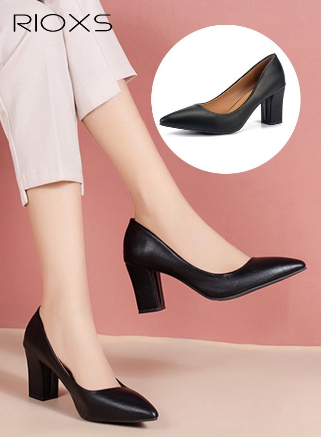 RIOXS Women's Professional Block Heel Pumps, Classic and Elegant Pointed Toe Slip-On Solid Office Shoes, Comfortable Chunky Heel Casual for Office, Business Meetings, Conferences, or Formal Work Environment, Black - Image 1